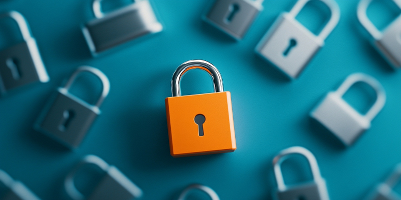 An orange padlock standing out among multiple silver padlocks on a blue background.