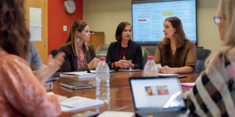 A group of professionals engaged in a meeting around a conference table, with documents, water bottles, and laptops present. Three women in the center are actively discussing, while a large screen in the background displays a document with highlighted text.