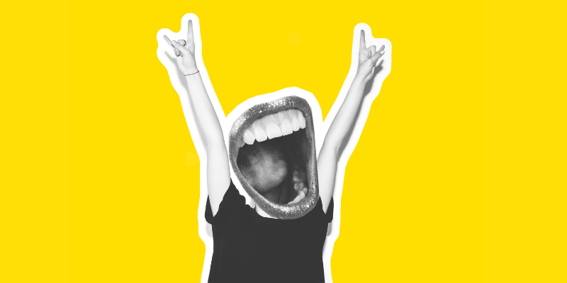 Black-and-white cutout of a person on a yellow background, showing only their mouth and torso, holding up both hands in a rock-and-roll gesture.