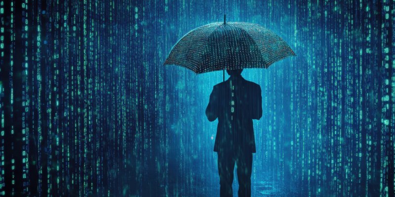 Person holding an umbrella in digital rain, symbolizing protection from cyber threats.