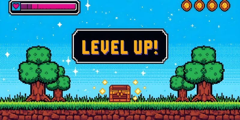 Game image that reads level up in bold yellow letters