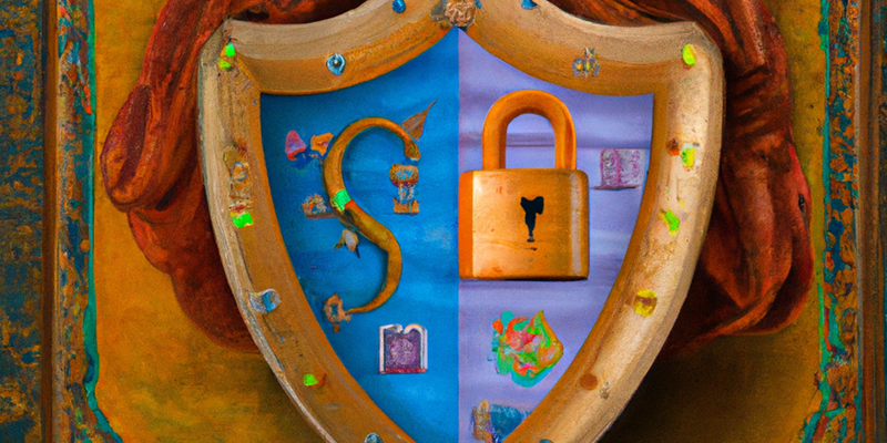 computer screen with a cybersecurity shield in the style of a Renaissance painting